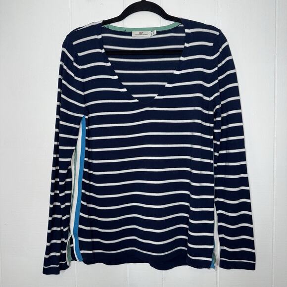 Vineyard Vines Women’s Side Seam Pop Stripe V Neck Sweater Blue Size Medium - Picture 1 of 5